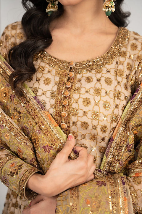 Fahad Hussayn E-Storepk Gharoli Rusted Gold / Silk / Open Jacket Anarkali KURMA