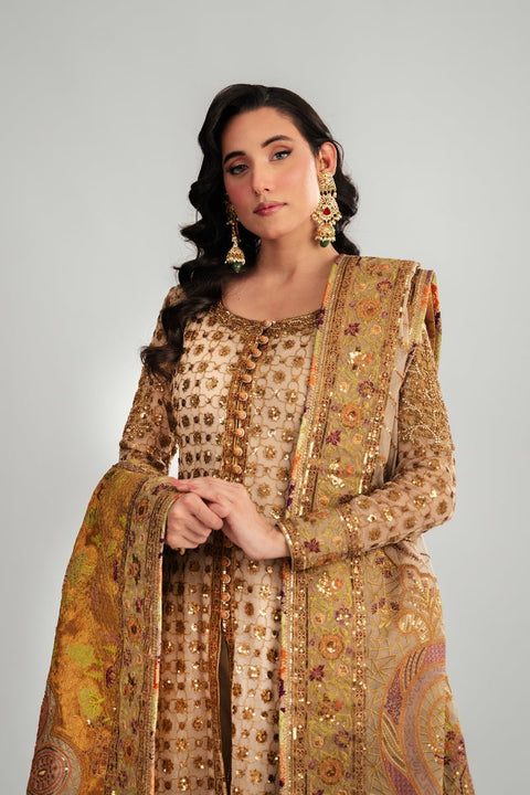 Fahad Hussayn E-Storepk Gharoli Rusted Gold / Silk / Open Jacket Anarkali KURMA