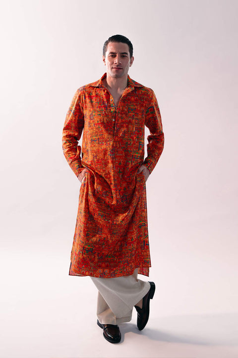Fahad Hussayn E-Storepk Kurta Rust Printed / Lawn Gaba Kurta