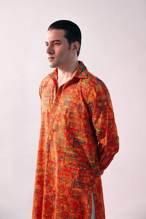 Fahad Hussayn E-Storepk Kurta Rust Printed / Lawn Gaba Kurta